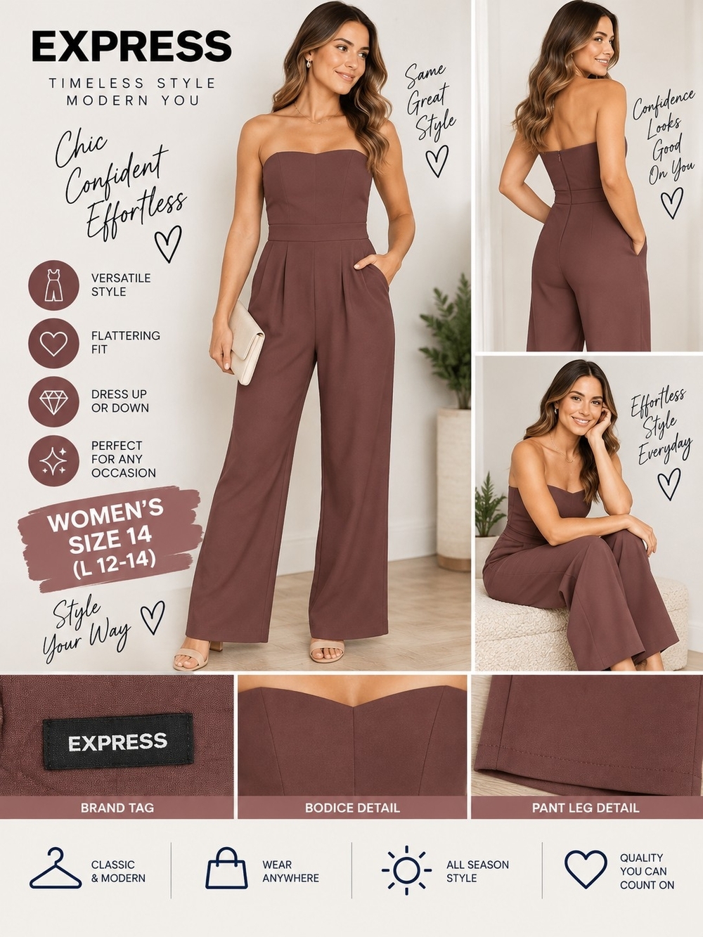 New express Women's size 14 mauve long pant romper jumpsuit #34